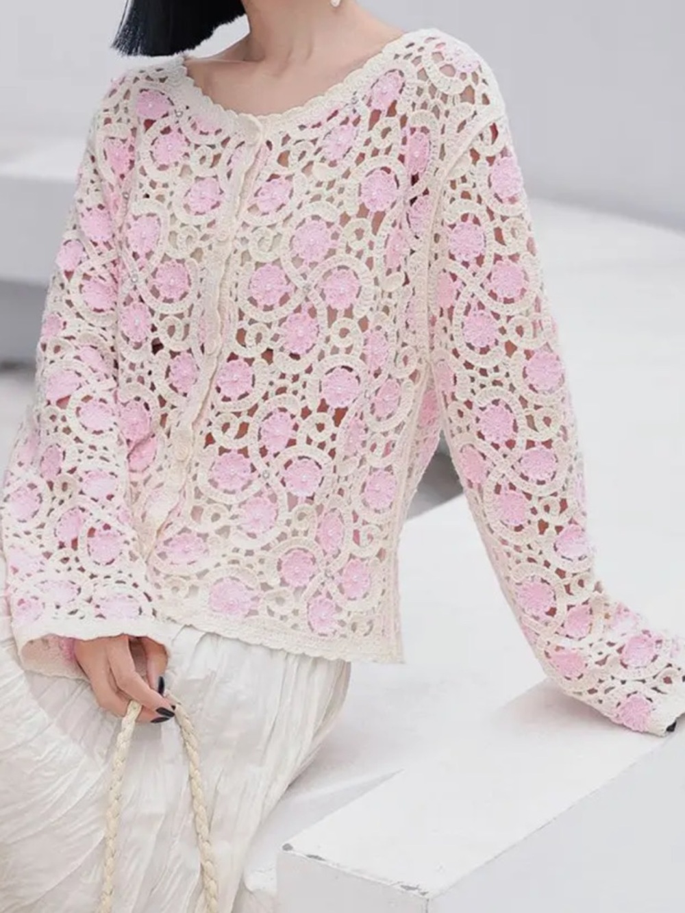 Pink and Cream Crochet Sweater with pearl detail